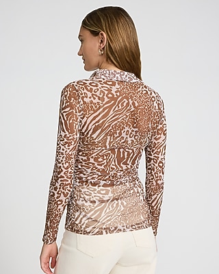 Mesh Leopard Print Long Sleeve Ruched Shirt