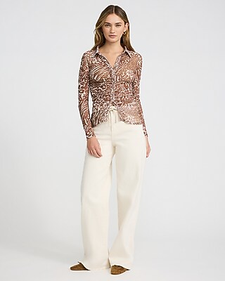 Mesh Leopard Print Long Sleeve Ruched Shirt