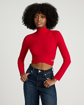 Ribbed Mock Neck Long Sleeve Cutout Cropped Tee