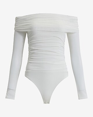 Ruched Mesh Off The Shoulder Long Sleeve Bodysuit