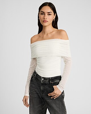 Ruched Mesh Off The Shoulder Long Sleeve Bodysuit