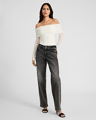 Ruched Mesh Off The Shoulder Long Sleeve Bodysuit