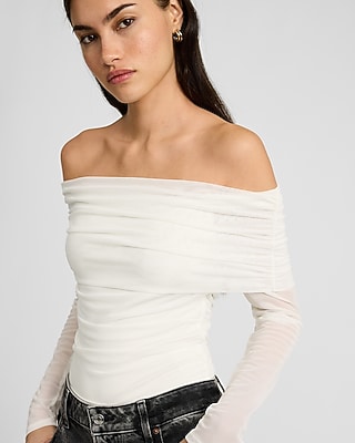 Ruched Mesh Off The Shoulder Long Sleeve Bodysuit