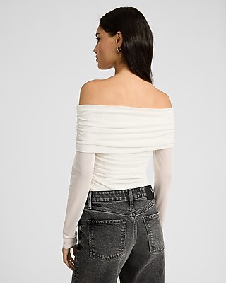 Ruched Mesh Off The Shoulder Long Sleeve Bodysuit