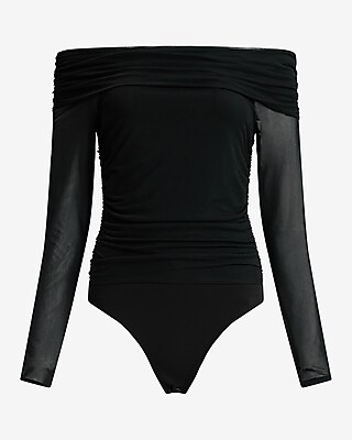 Ruched Mesh Off The Shoulder Long Sleeve Bodysuit | Express