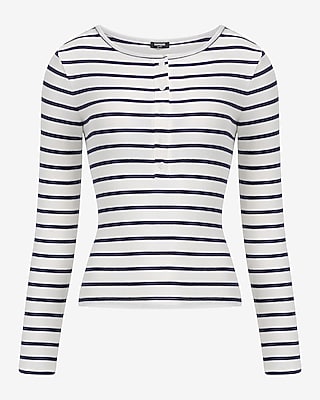Fitted Ribbed Striped Long Sleeve Henley Tee