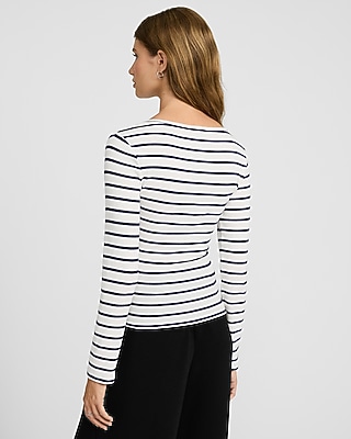 Fitted Ribbed Striped Long Sleeve Henley Tee