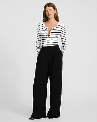 Fitted Ribbed Striped Long Sleeve Henley Tee