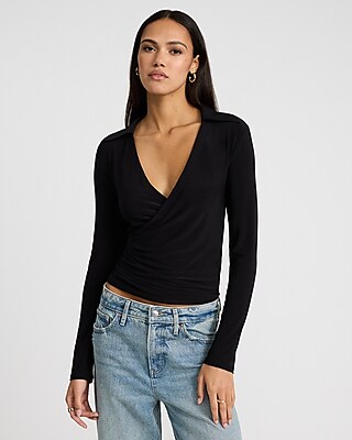 V-Neck Long Sleeve Surplice Polo Top