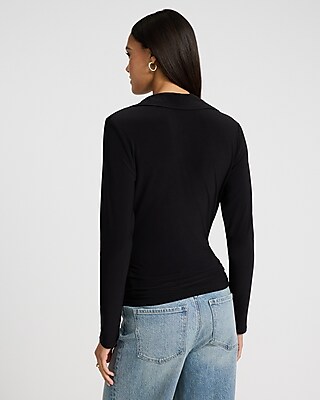 V-Neck Long Sleeve Surplice Polo Top