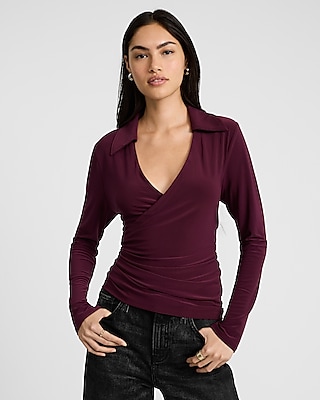 V-neck Long Sleeve Surplice Polo Top
