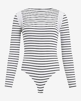 Striped Crew Neck Long Sleeve Crochet Bodysuit