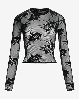 トップス FloraCore Flower long sleeve shits Black Floral Lace Fitted Mesh Crew Neck Long Sleeve Tee | Express