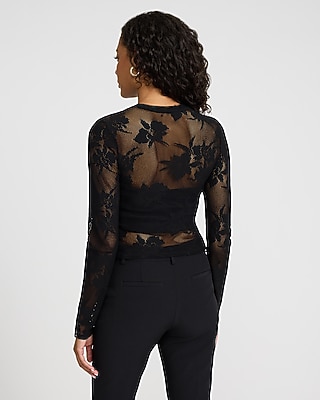Floral Lace Fitted Mesh Crew Neck Long Sleeve Tee Express