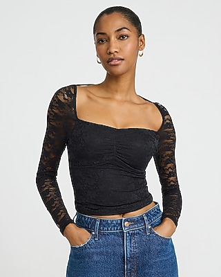 Lace Long Sleeve Tie Back Cropped Top