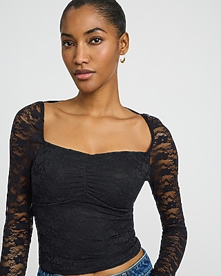 Lace Long Sleeve Tie Back Cropped Top