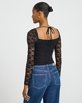 Lace Long Sleeve Tie Back Cropped Top