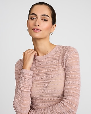 Fitted Mesh Crew Neck Long Sleeve Tee | Express