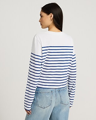 Striped Crew Neck Long Sleeve Cropped Boyfriend Tee