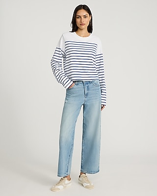 Striped Crew Neck Long Sleeve Cropped Boyfriend Tee