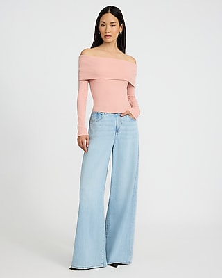 Fitted Ribbed Off The Shoulder Overlay Tee