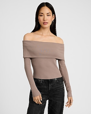 Fitted Ribbed Off The Shoulder Overlay Tee