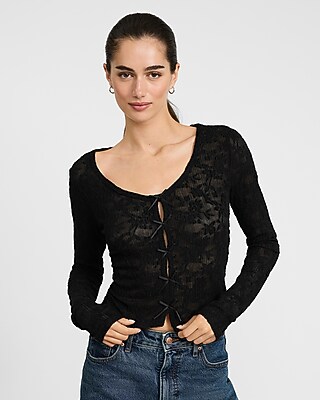 Lace Bow Front Scoop Neck Long Sleeve Tee - image 5