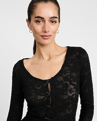 Lace Bow Front Scoop Neck Long Sleeve Tee - image 2