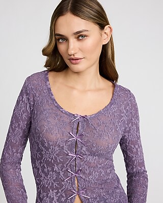 Lace Bow Front Scoop Neck Long Sleeve Tee - image 2