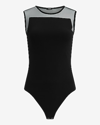 Crepe Mesh Pieced Sleeveless Bodysuit