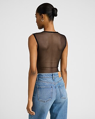 Crepe Mesh Pieced Sleeveless Bodysuit