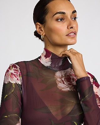 Floral Mesh Mock Neck Long Sleeve Top | Express