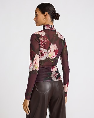 Floral Mesh Mock Neck Long Sleeve Top | Express