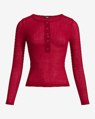 Sheer Ribbed Long Sleeve Henley Tee
