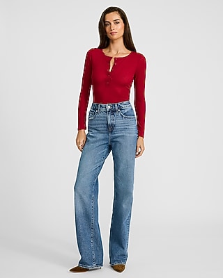 Sheer Ribbed Long Sleeve Henley Tee
