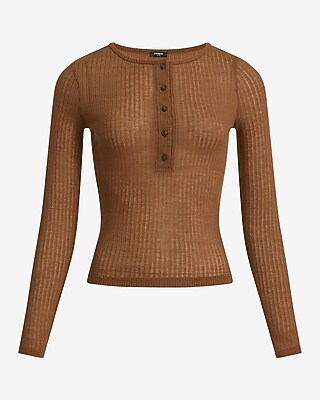 Sheer Ribbed Long Sleeve Henley Tee