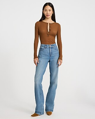 Sheer Ribbed Long Sleeve Henley Tee