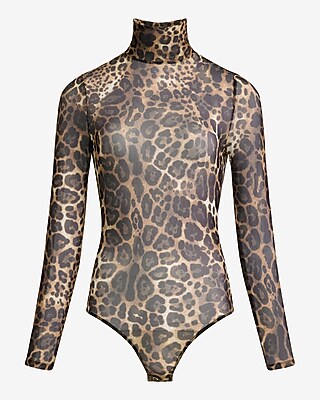 Mesh Leopard Mock Neck Long Sleeve Bodysuit