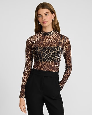 Mesh Leopard Mock Neck Long Sleeve Bodysuit