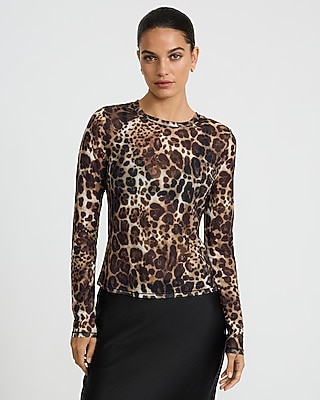 Leopard Mesh Crew Neck Long Sleeve Tee
