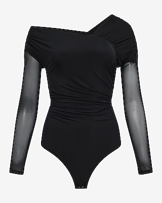 Mesh Asymmetrical Off the Shoulder Long Sleeve Ruched Bodysuit