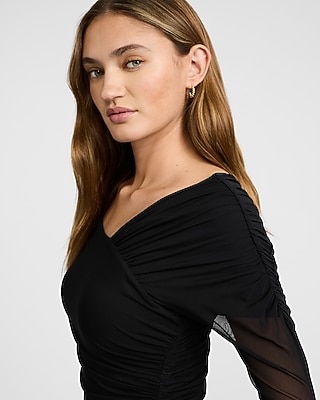 Mesh Asymmetrical Off the Shoulder Long Sleeve Ruched Bodysuit