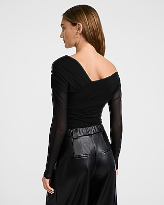 Mesh Asymmetrical Off the Shoulder Long Sleeve Ruched Bodysuit