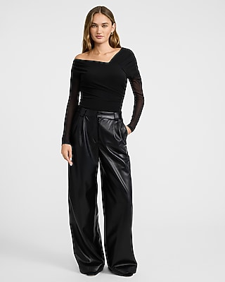 Mesh Asymmetrical Off the Shoulder Long Sleeve Ruched Bodysuit