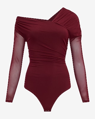 Mesh Asymmetrical Off the Shoulder Long Sleeve Ruched Bodysuit