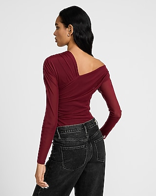 Mesh Asymmetrical Off the Shoulder Long Sleeve Ruched Bodysuit