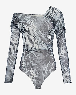 Leopard Mesh Asymmetrical Off the Shoulder Long Sleeve Ruched Bodysuit