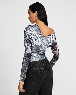 Leopard Mesh Asymmetrical Off the Shoulder Long Sleeve Ruched Bodysuit