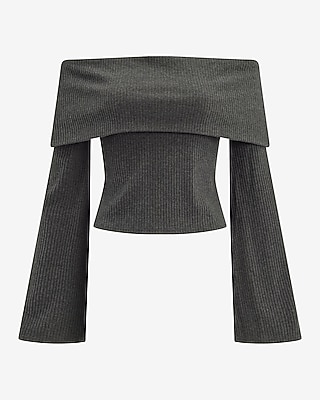 Cozy Ribbed Fold Over Off The Shoulder Long Sleeve Tee
