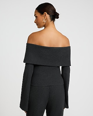 Cozy Ribbed Fold Over Off The Shoulder Long Sleeve Tee